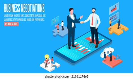 3D isometric Business negotiations concept with people worker shakehand and deal business on mobile phone. Vector illustration eps10