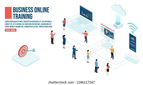 3D isometric Business online training concept with people worker characters, webinar training and listening to business people with charts on laptop. Vector illustration eps10
