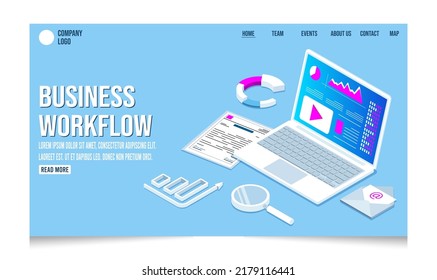 3D isometric business workflow with data Investment, Project management, business communication graphs and papers.  vector illustration eps10.