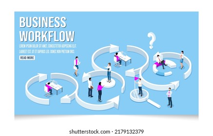 3D isometric business workflow with data Investment, Project management, business communication graphs and papers.  vector illustration eps10.