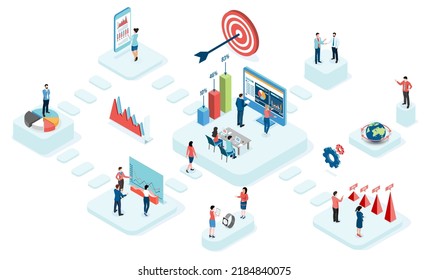 3D isometric business workflow with data Investment, Project management, business communication graphs and papers.  vector illustration eps10.