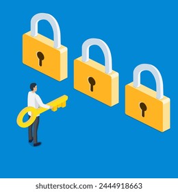 3d isometric businessman holding golden key and thinking in front of three golden lock. Business choice and opportunity concept.