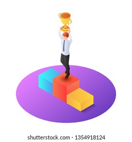 3d isometric businessman raise up winner trophy on pedestal. Business success and winner concept.