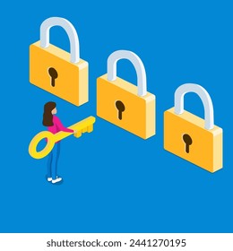 3d isometric businesswoman holding golden key and thinking in front of three golden lock. Business choice and opportunity concept.