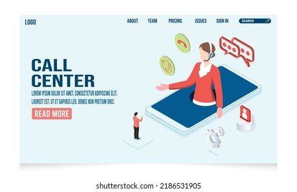 3D isometric Call center or Customer service concept for client support, chatting online, phone assistant.  Vector illustration eps10