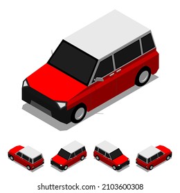 3D isometrisches Auto. Mini-Auto. Rotes Auto. Für Infografik und andere Zwecke.
