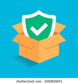 3d Isometric Cardboard Opened Box Isolated On Light Blue Background  With Check Mark Tick In The Shield Sign Icon. Symbol Of Protection, Guardingship And Good Delivery Flat Style Vector Illustration.