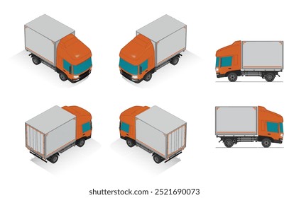 3D Isometric Cargo Truck Half Tone Vector Illustration Modern Orange Cabine and White Van City Delivery Vehicle 4x2 Design for Logistics and Transport Presentations Video Social Video Promo Collection