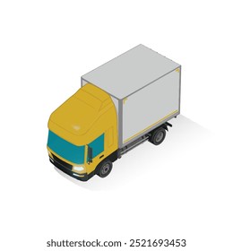 3D Isometric Cargo Truck Half Tone Vector Illustration  Modern YellowCabine and White Van City Delivery Vehicle 4x2 Design for Logistics and Transport Presentation Social Media Video Promo Front Left