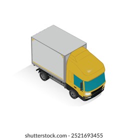 3D Isometric Cargo Truck Half Tone Vector Illustration  Modern YellowCabine and White Van City Delivery Vehicle 4x2 Design for Logistics and Transport Presentation Social Media Video Promo Front Right
