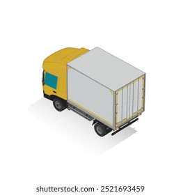 3D Isometric Cargo Truck Half Tone Vector Illustration  Modern YellowCabine and White Van City Delivery Vehicle 4x2 Design for Logistics and Transport Presentation Social Media Video Promo Back Left