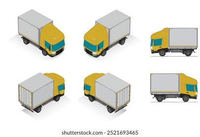 Camión de carga isométrica 3D Ilustración vectorial Video de medio tono Moderno YellowCabine y blanco Van City Vehículo de entrega 4x2 Diseño para logística y transporte Presentación Redes sociales Colección promocional
