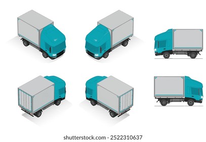 3D Isometric Cargo Truck Half Tone Vector Illustration  Modern Blue Cabine and White Van City Delivery Vehicle 4x2 Design for Logistics and Transport Presentation Social Media Video Promo Collection