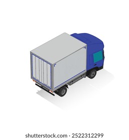 3D Isometric Cargo Truck Half Tone Vector Illustration  Modern Blue Cabine and White Van City Delivery Vehicle 4x2 Design for Logistics and Transport Presentation Social Media Video Promo Back Right