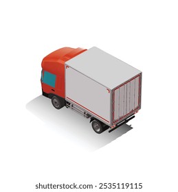 3D Isometric Cargo Truck Photoreal Vector Illustration Modern Red Cabine and White Van City Delivery Vehicle 4x2 Design for Logistics and Transport Presentation Social Media Video Promo Back Left