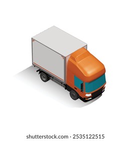 3D Isometric Cargo Truck Photoreal Vector Illustration Modern Orange Cabine and White Van City Delivery Vehicle 4x2 Design for Logistics and Transport Presentation Social Media Video Promo Front Right