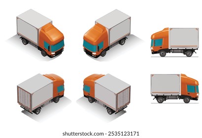 3D Isometric Cargo Truck Photoreal Vector Illustration Modern Orange Cabine and White Van City Delivery Vehicle 4x2 Design for Logistics and Transport Presentation Social Media Video Promo Collection