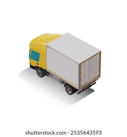 3D Isometric Cargo Truck Photoreal Vector Illustration Modern Yellow Cabine and White Van City Delivery Vehicle 4x2 Design for Logistics and Transport Presentation Social Media Video Promo Back Left
