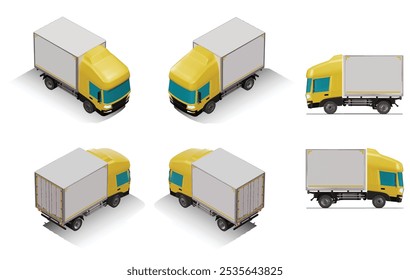 3D Isometric Cargo Truck Photoreal Vector Illustration Modern Yellow Cabine and White Van City Delivery Vehicle 4x2 Design for Logistics and Transport Presentation Social Media Video Promo Collection
