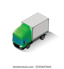 3D Isometric Cargo Truck Photoreal Vector Illustration Modern Green Cabine and White Van City Delivery Vehicle 4x2 Design for Logistics and Transport Presentation Social Media Video Promo Front Left