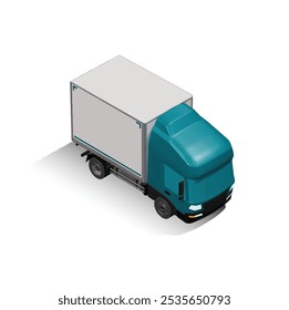 3D Isometric Cargo Truck Photoreal Vector Illustration Modern Cyan Cabine and White Van City Delivery Vehicle 4x2 Design for Logistics and Transport Presentation Social Media Video Promo Front Right