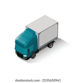 3D Isometric Cargo Truck Photoreal Vector Illustration Modern Cyan Cabine and White Van City Delivery Vehicle 4x2 Design for Logistics and Transport Presentation Social Media Video Promo Front Left