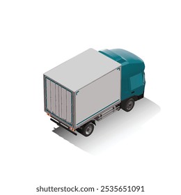 3D Isometric Cargo Truck Photoreal Vector Illustration Modern Cyan Cabine and White Van City Delivery Vehicle 4x2 Design for Logistics and Transport Presentation Social Media Video Promo Back Right