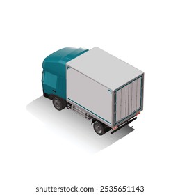 3D Isometric Cargo Truck Photoreal Vector Illustration Modern Cyan Cabine and White Van City Delivery Vehicle 4x2 Design for Logistics and Transport Presentation Social Media Video Promo Back Left