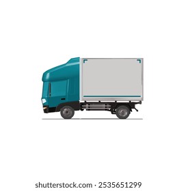 3D Isometric Cargo Truck Photoreal Vector Illustration Modern Cyan Cabine and White Van City Delivery Vehicle 4x2 Design for Logistics and Transport Presentation Social Media Video Promo Left