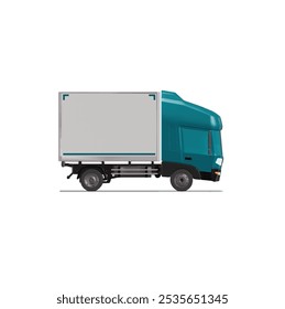 3D Isometric Cargo Truck Photoreal Vector Illustration Modern Cyan Cabine and White Van City Delivery Vehicle 4x2 Design for Logistics and Transport Presentation Social Media Video Promo Right