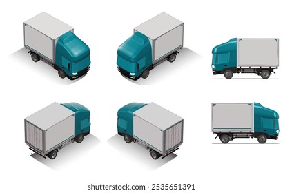 3D Isometric Cargo Truck Photoreal Vector Illustration Modern Cyan Cabine and White Van City Delivery Vehicle 4x2 Design for Logistics and Transport Presentation Social Media Video Promo Collection