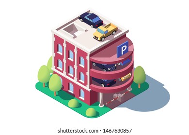 3d isometric cars using multi level parking. Concept isolated vehicle standing on public building, service for security personal safety engine. Low poly. Vector illustration.