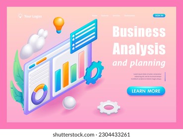 Isometric 3D, caricatura. Análisis y planificación empresarial, consultoría, gestión de proyectos, informe financiero y concepto de estrategia. Página de inicio de tendencia