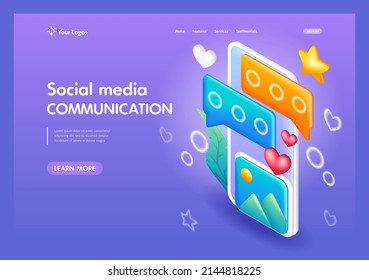 3D Isometric, cartoon. Communication in social networks, correspondence, likes, posting photos. Trending Landing Page