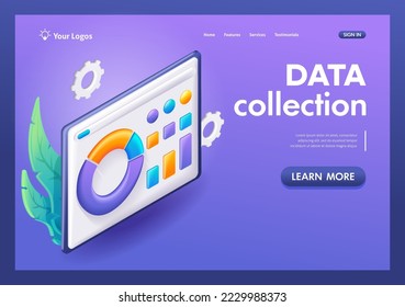 Isometric 3D, caricatura. Recopilación de datos para proporcionar información en forma de diagrama. Concepto de análisis de negocio. Trending Landing Page.