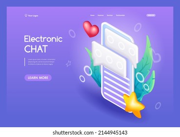 3D-Isometrie, Cartoon. Elektronisches Chat auf dem Handy. Smartphone-Funkblasen drücken Alarm auf dem Bildschirm. Trendige Landing Page.