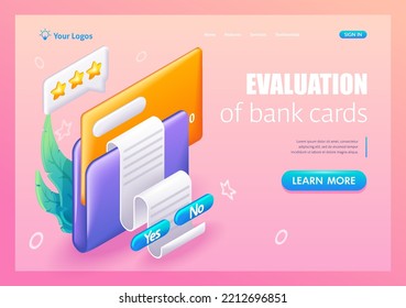 3D Isometric, cartoon. Evaluation of bank card users. Cash back assessment, commissions, bill payment, money transfer. Trending Landing Page.
