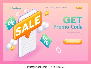 3D-Isometrie, Cartoon. Promo-Code erhalten. Mobile Anwendung, eine Nachricht über den Verkauf. Verkauf und Rabatte. Trendige Landing Page.