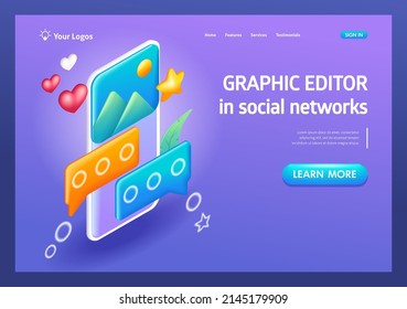 3D Isometric, cartoon. Graphic editor in social networks. Smartphone with interface post on social network. Chat bubble. Trending Landing Page.