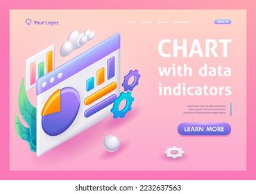 Isometric 3D, caricatura. Gráficos y gráficos. Ventas, aumento de crecimiento de dinero icono, marketing de progreso. Concepto de análisis de negocio. Trending Landing Page.