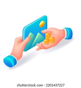 3D Isometric. Cartoon icons. Hands of businessmen make a deal, buying an electronic painting for bitcoins. Concept of modern shopping. Vector illustration.