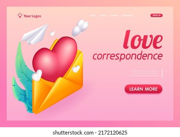 3D Isometric, cartoon. Love correspondence. An open email with a big heart. Trending Landing Page.