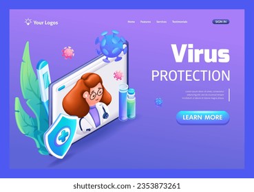 3D Isometric, cartoon. Medical worker with freckles and glasses. Online medicine, healthcare. Consultation of a virologist, appointment of a course of treatment. For Landing Page