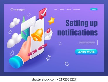 3D Isometric, cartoon. Mobile app. Phone with Notifications. Reminder design mockup. Online advertising concept. Trending Landing Page