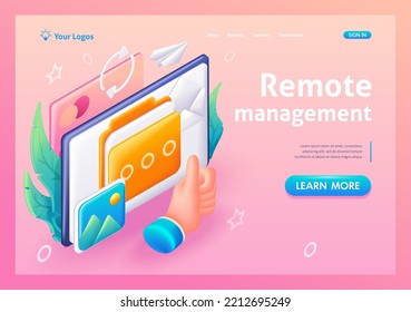 3D Isometric, cartoon. Mobile app. Remote management of the card account. Cloud storage of credit card data. Trending Landing Page.
