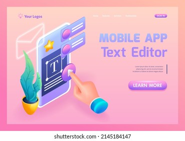 3D Isometric, cartoon. Mobile application for easy reading and editing of text files. Trending Landing Page.