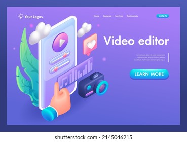 3D Isometric, cartoon. Mobile audio photo and video file editor. Support and like for the mobile app. Trending Landing Page