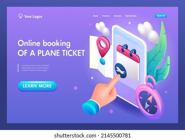 3D Isometric, cartoon. Online booking of a plane ticket, choosing the date and time of flight. Payment via the app. Trending Landing Page