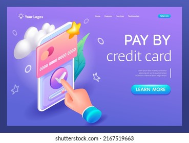 Isometric 3D, caricatura. Pagar con tarjeta de crédito a través de una cartera electrónica por teléfono. Página de inicio de tendencia