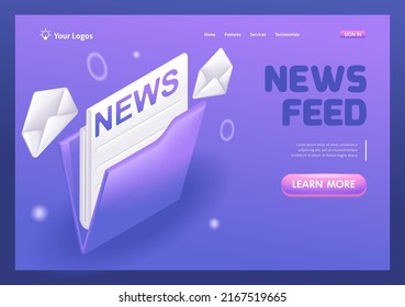 Isometric 3D, caricatura. Almacenamiento y procesamiento de información de noticias. Noticias por correo electrónico. Fuente de noticias. Página de inicio de tendencia